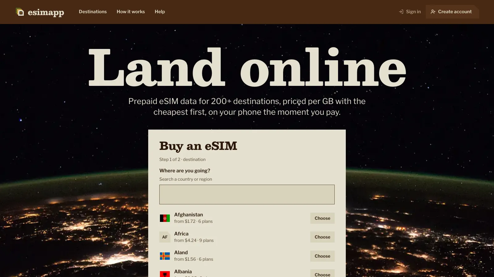 Page d'accueil d'esimapp avec le choix de la destination