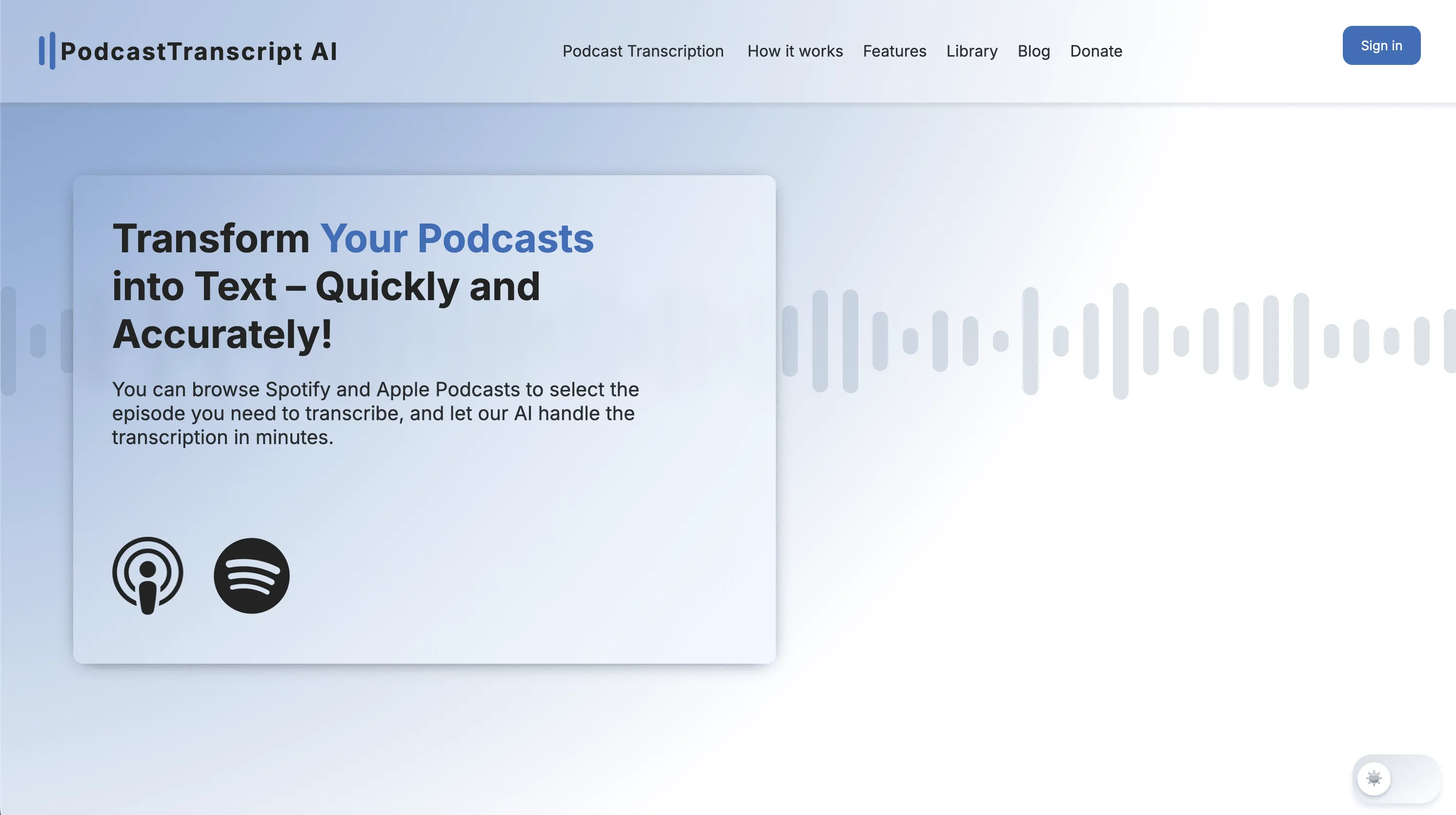 Podcast Transcript AI homepage